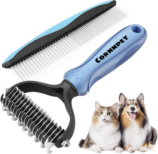 Pet Grooming Brush and Metal Comb Set